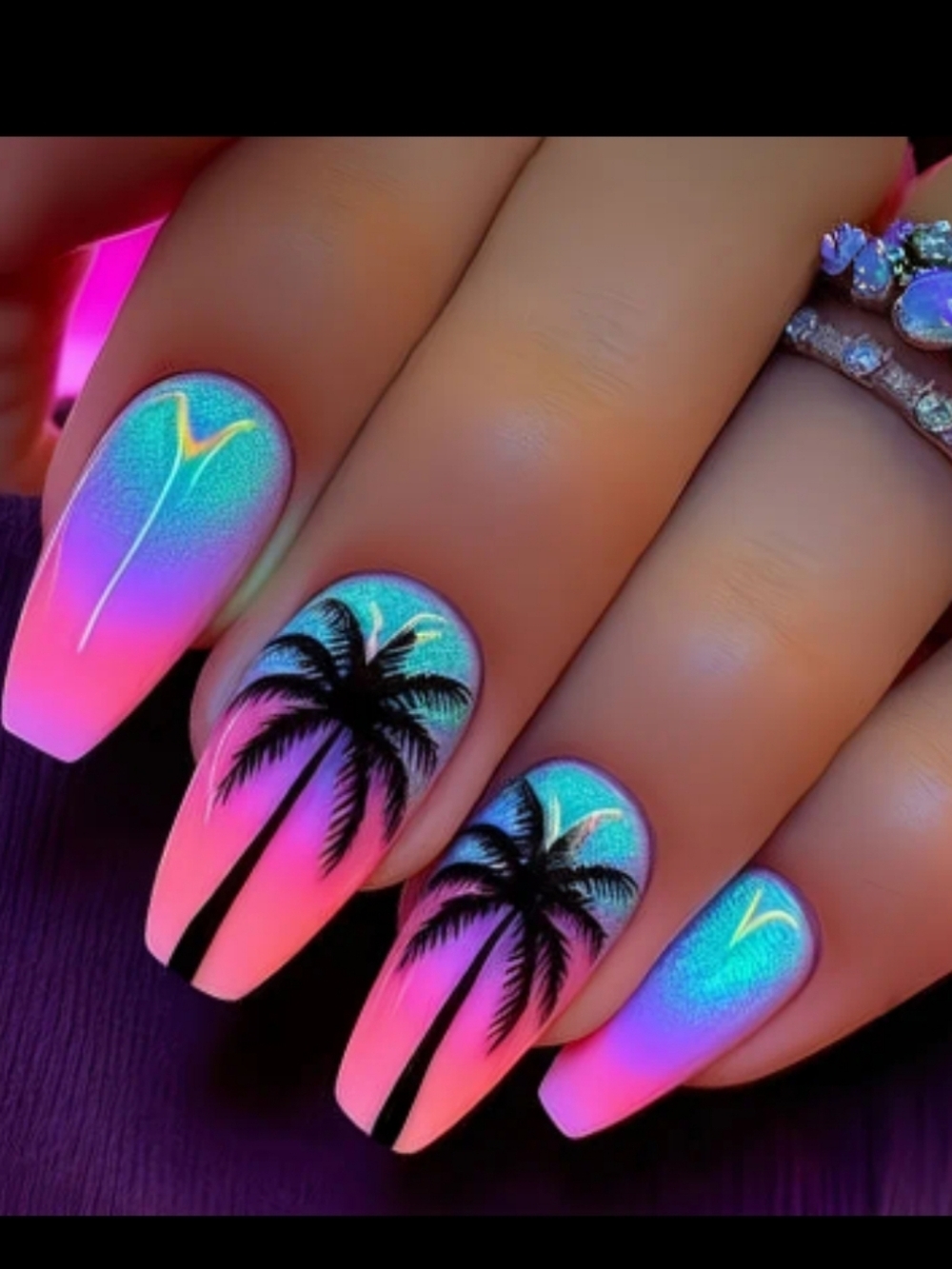 🔥3/$21 Tropical Sunset Palm Press On Nails Pink & Teal